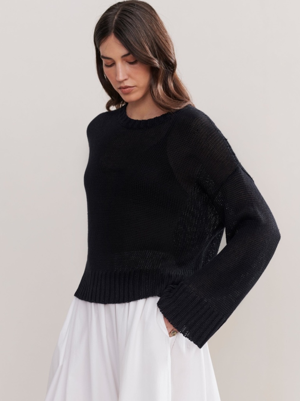 Jenni Kayne Cropped Linen Crewneck Sweater in Black Size Large L